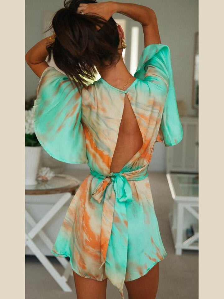 Gamla Baskılı V Yaka Dekolteli Mini Tulum