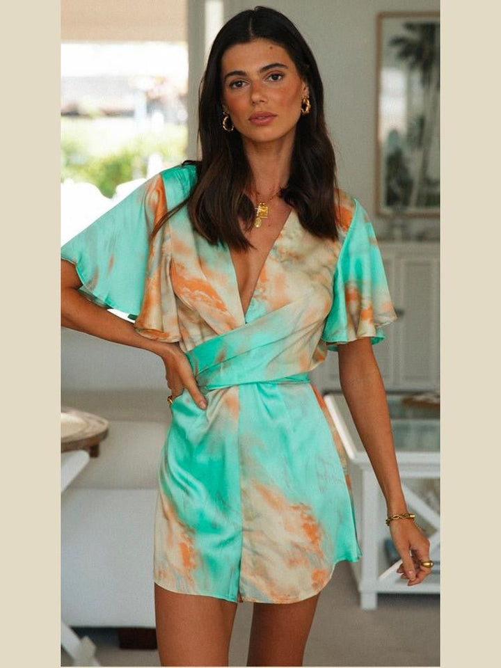 Gamla Baskılı V Yaka Dekolteli Mini Tulum