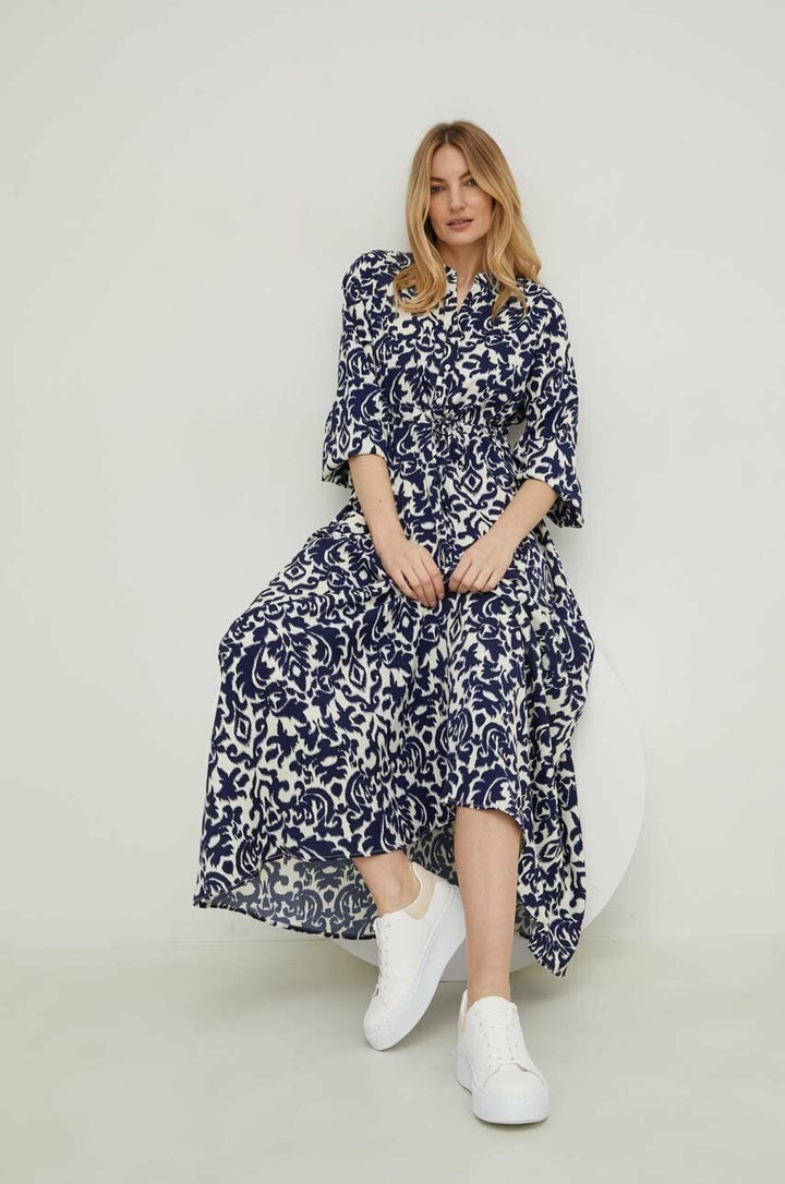 Gertie Baskılı Büzgülü Midi Gömlek Elbise