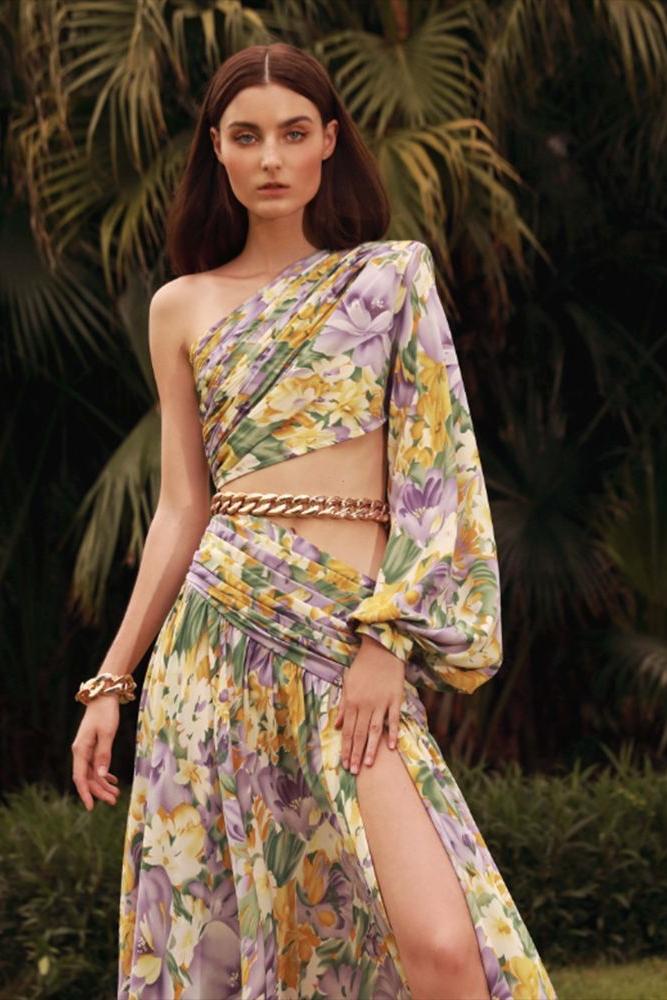 Gertrude Baskılı Cut-Out Asimetri Maxi Elbise