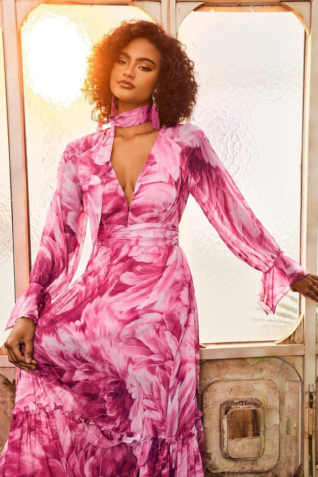 Gilda V Yaka Şifon Maxi Elbise