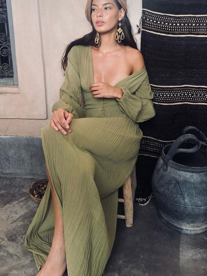 Giselle V Yaka Plisse Maxi Sütçü Elbise