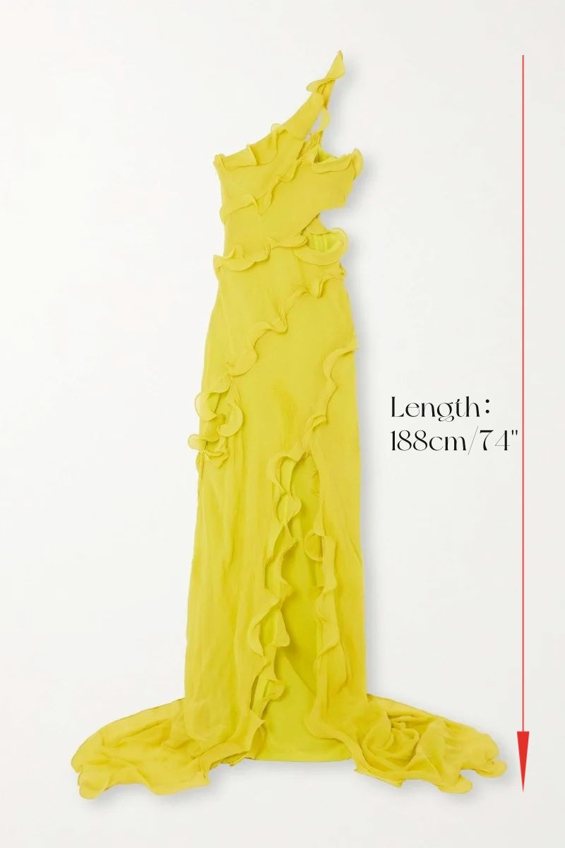 Gloria Tek Omuzlu Fırfırlı Uzun Şifon Elbise