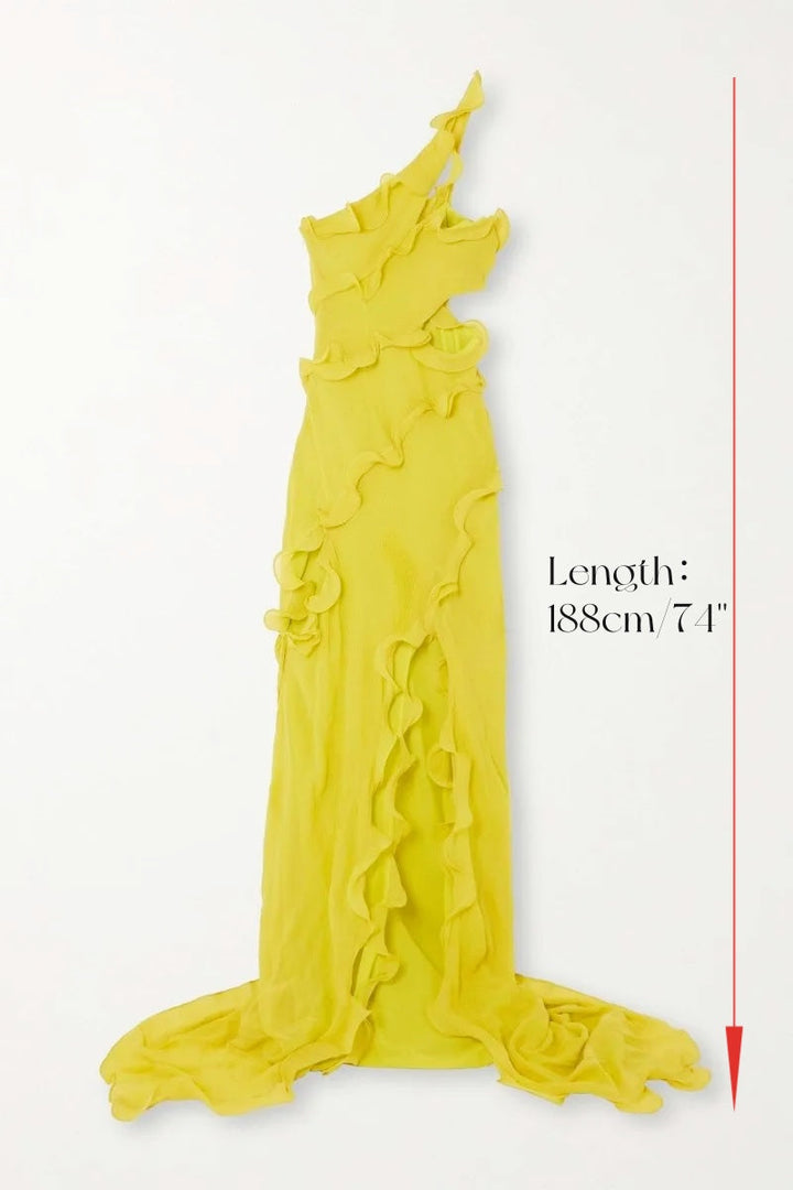 Gloria Tek Omuzlu Fırfırlı Uzun Şifon Elbise