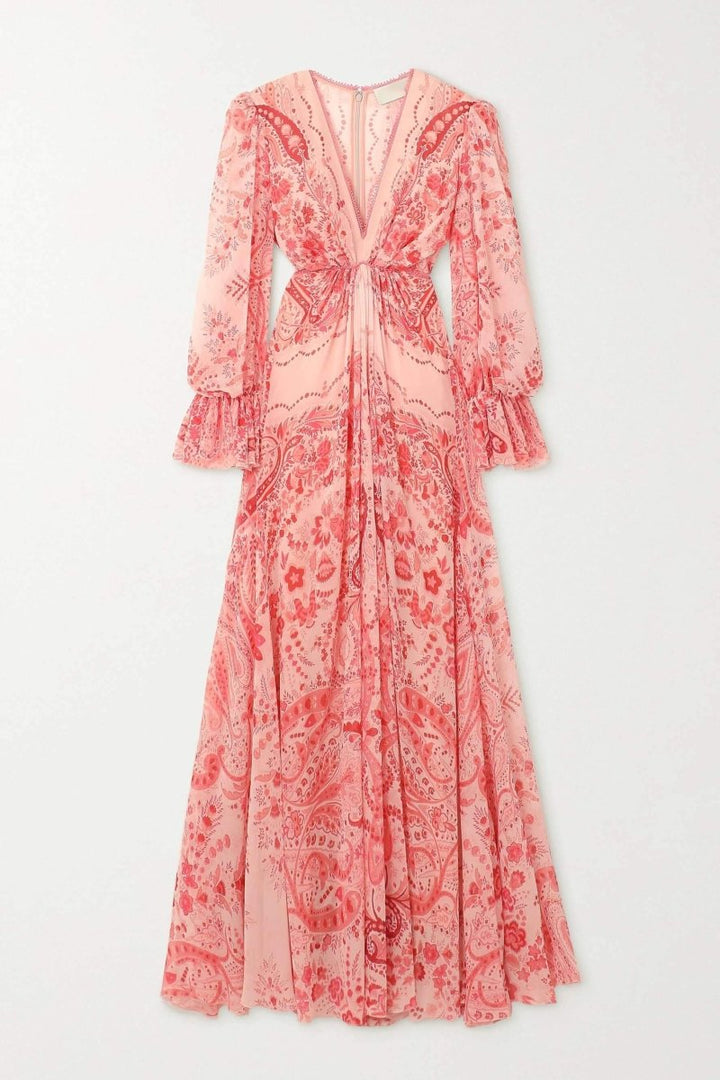 Gloria Paisley Baskılı Fırfırlı Uzun Elbise