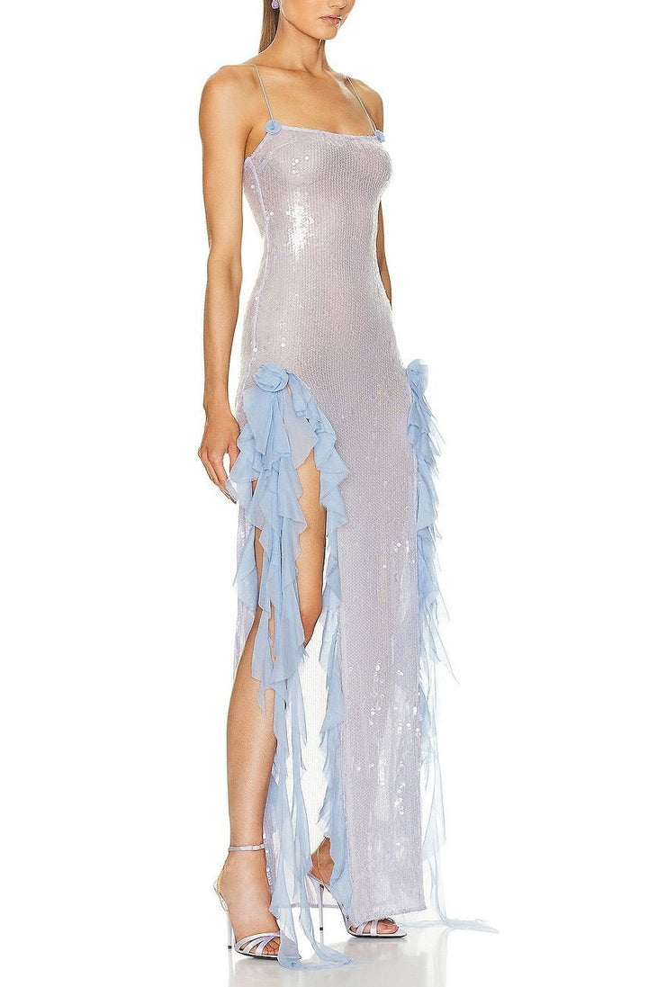 Gloria Payetler Çiçek Fırfırlı Uzun Elbise