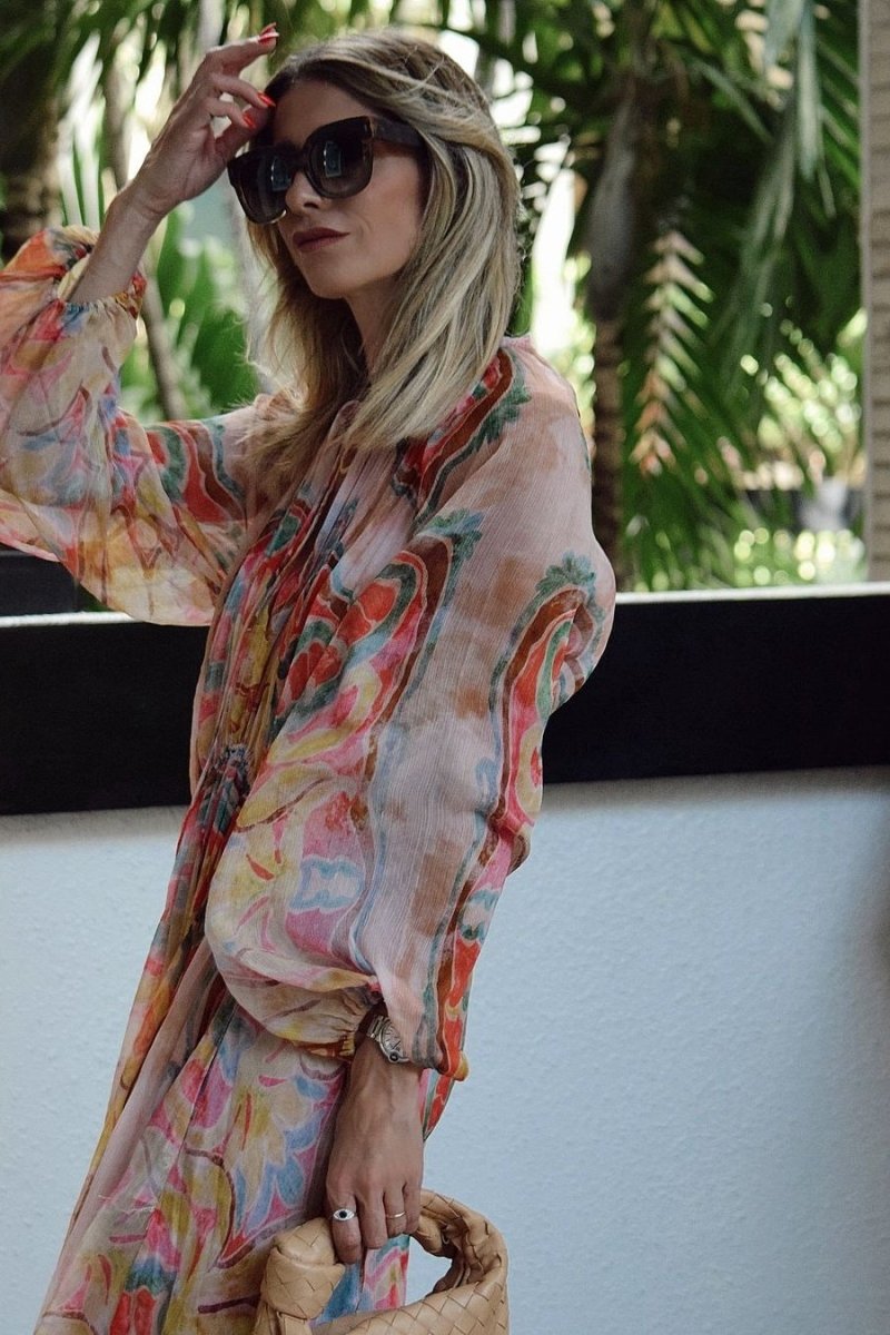 Grace Baskılı Balon Kol Midi Elbise