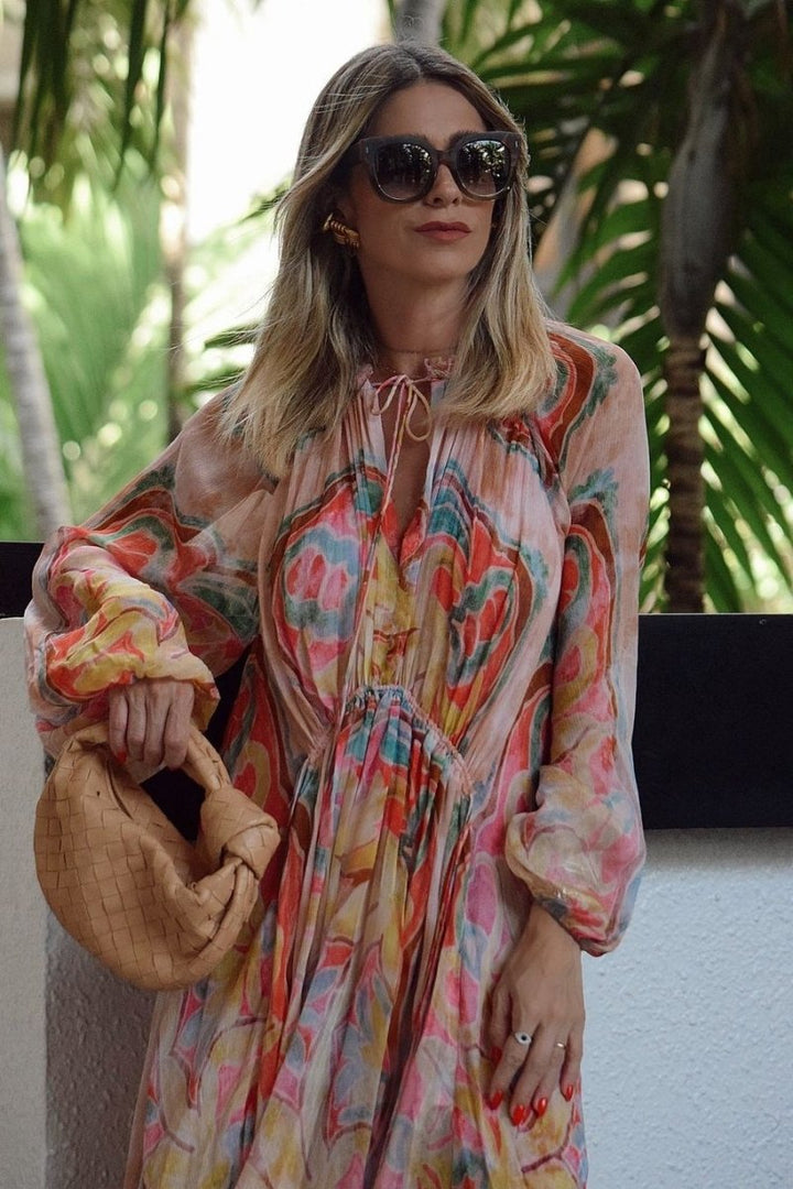 Grace Baskılı Balon Kol Midi Elbise