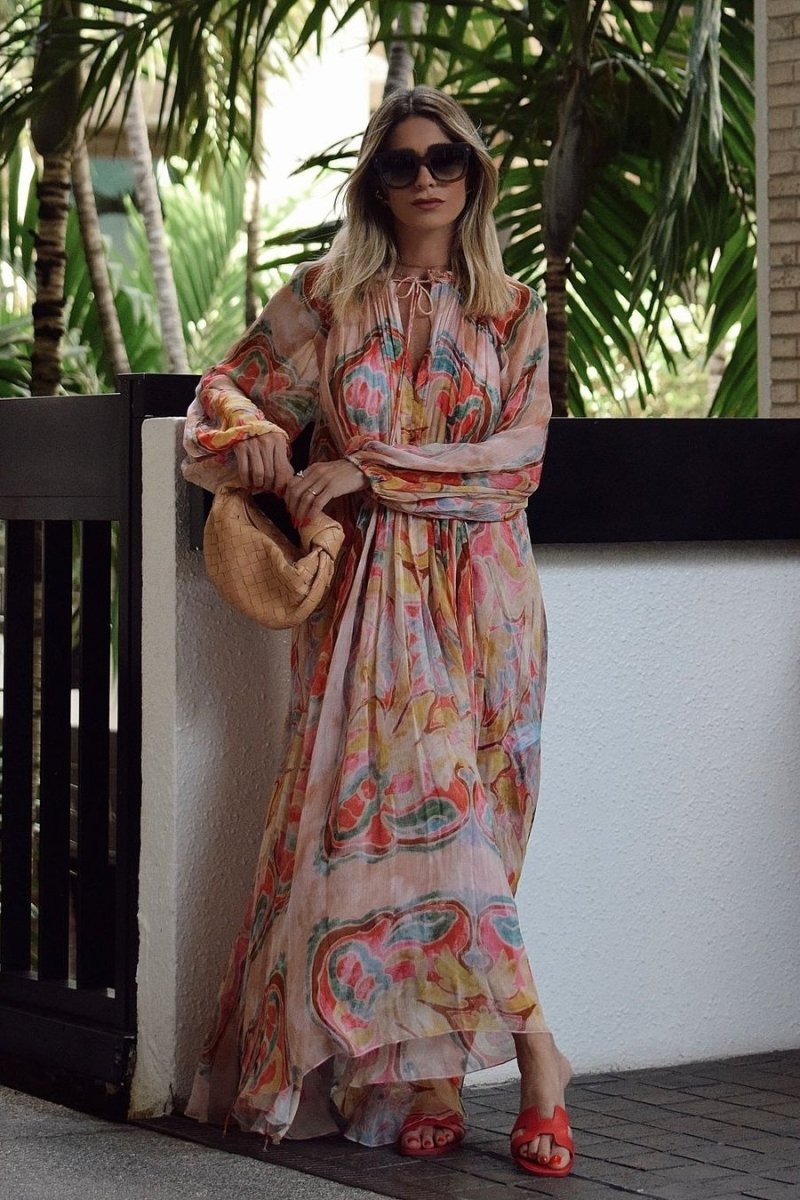 Grace Baskılı Balon Kol Midi Elbise