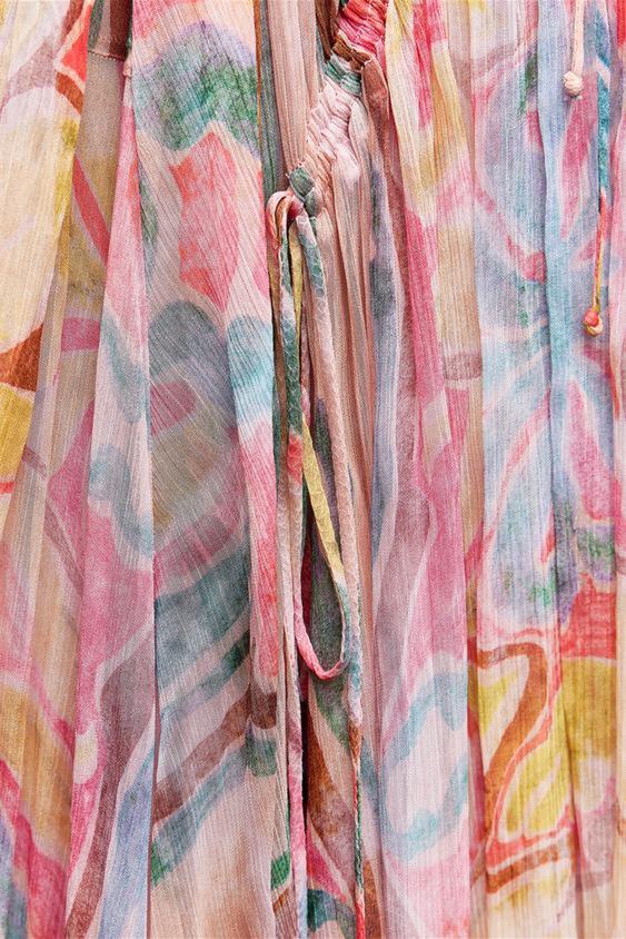 Grace Baskılı Balon Kol Midi Elbise