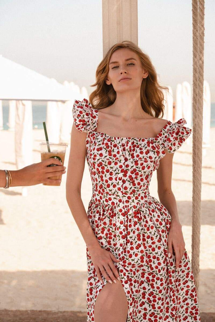 Griselda Kiraz Baskılı Fırfırlı Midi Elbise