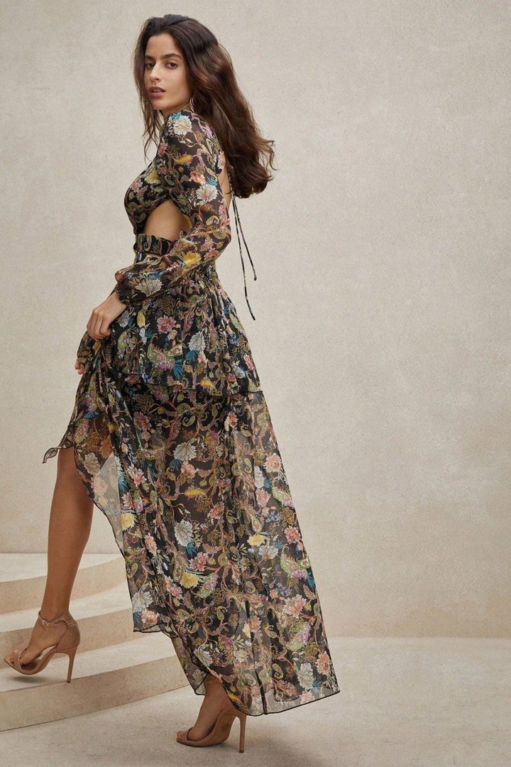 Griselda Çiçek Baskılı Kesikli Şifon Maxi Elbise