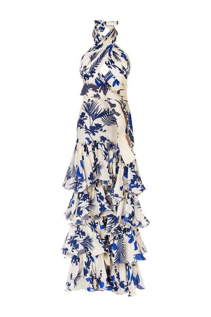 Gwen Baskılı Boyundan Bağlamalı Fırfırlı Maxi Elbise