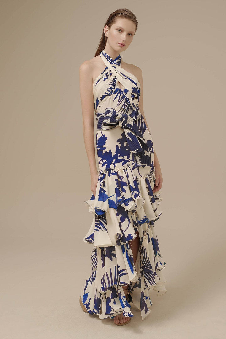 Gwen Baskılı Boyundan Bağlamalı Fırfırlı Maxi Elbise