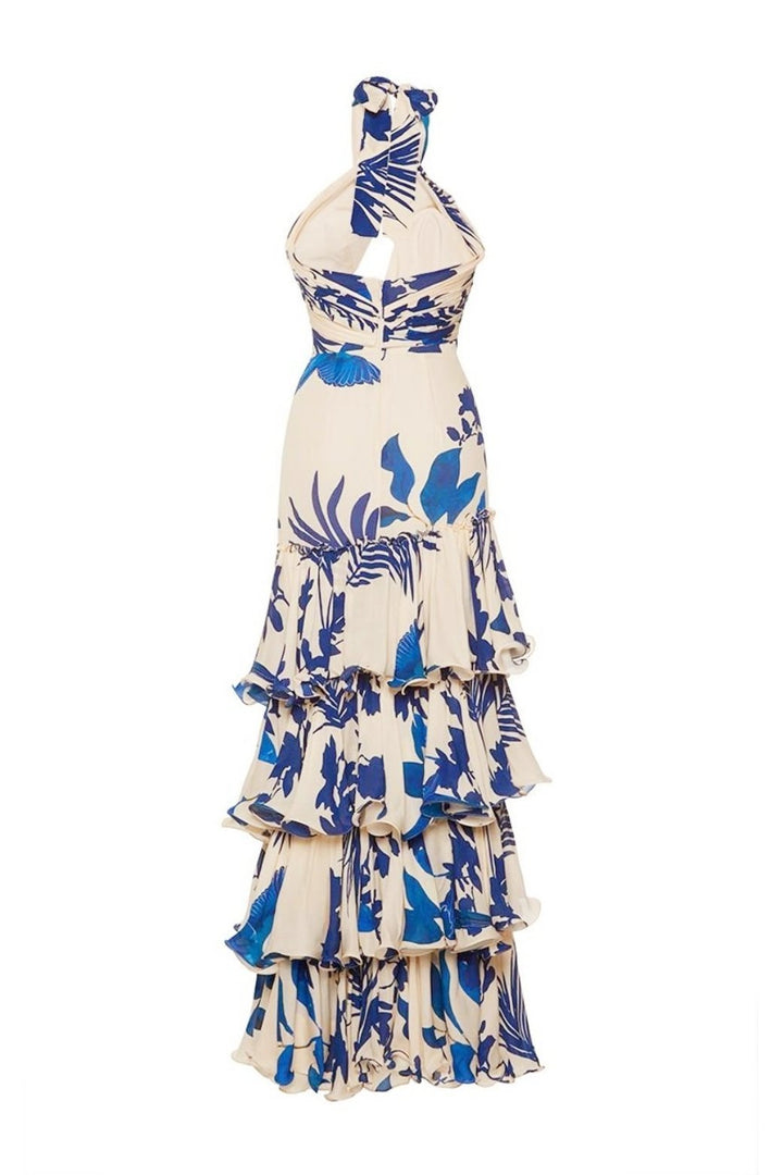 Gwen Baskılı Boyundan Bağlamalı Fırfırlı Maxi Elbise