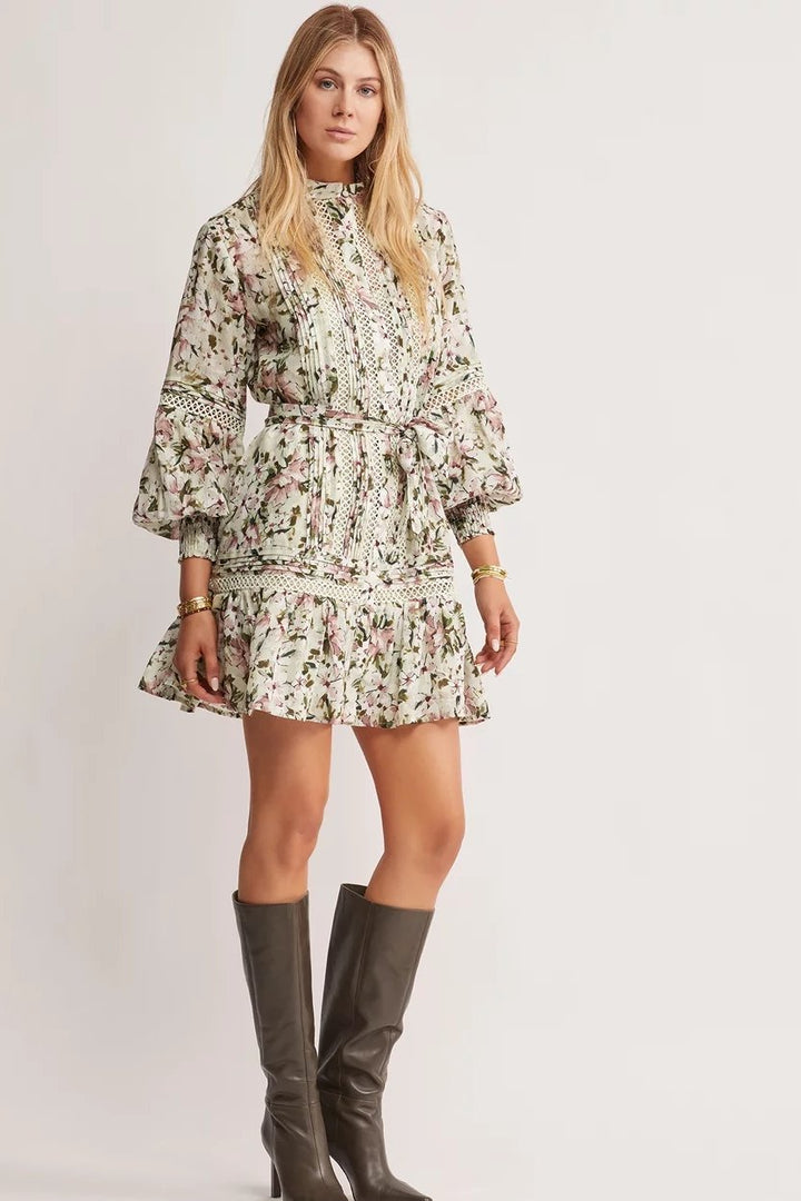 Harriet Baskılı Dantelkıvrımlı Kuşaklı Mini Elbise