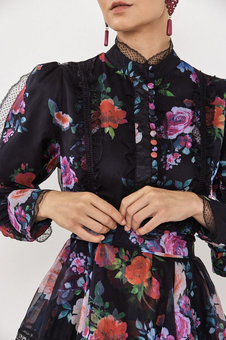 Hazel Çiçekli Katlı Şifon Maxi Elbise