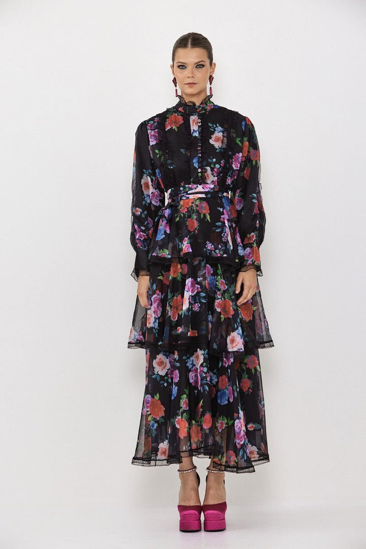Hazel Çiçekli Katlı Şifon Maxi Elbise