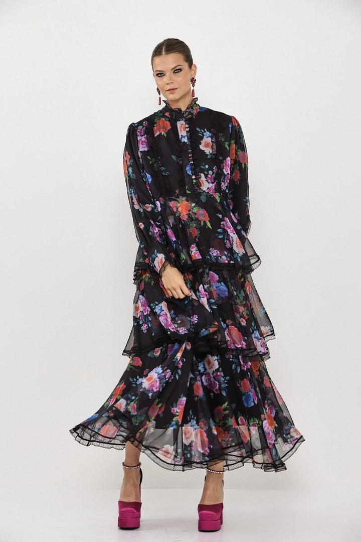 Hazel Çiçekli Katlı Şifon Maxi Elbise