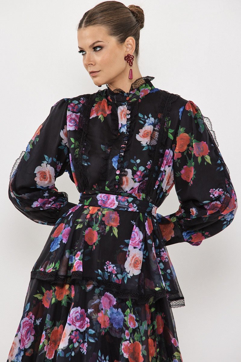 Hazel Çiçekli Katlı Şifon Maxi Elbise