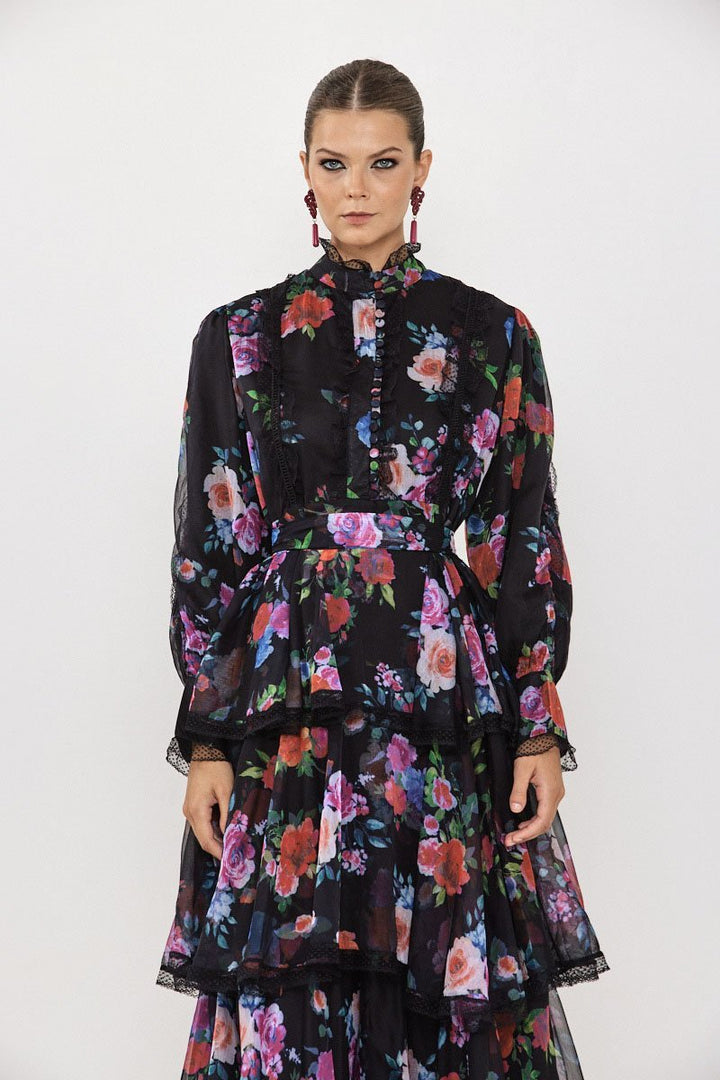 Hazel Çiçekli Katlı Şifon Maxi Elbise