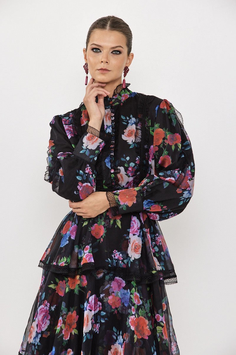 Hazel Çiçekli Katlı Şifon Maxi Elbise