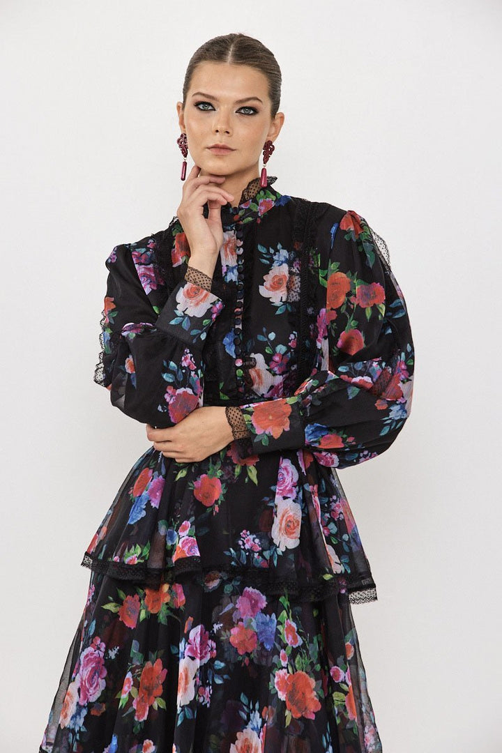 Hazel Çiçekli Katlı Şifon Maxi Elbise