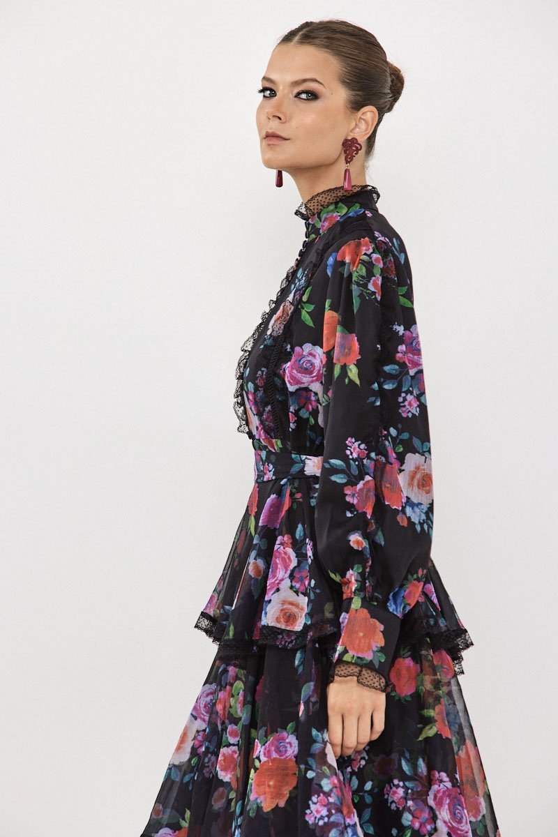 Hazel Çiçekli Katlı Şifon Maxi Elbise