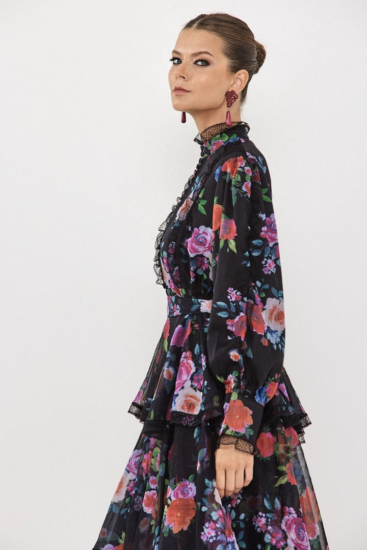 Hazel Çiçekli Katlı Şifon Maxi Elbise