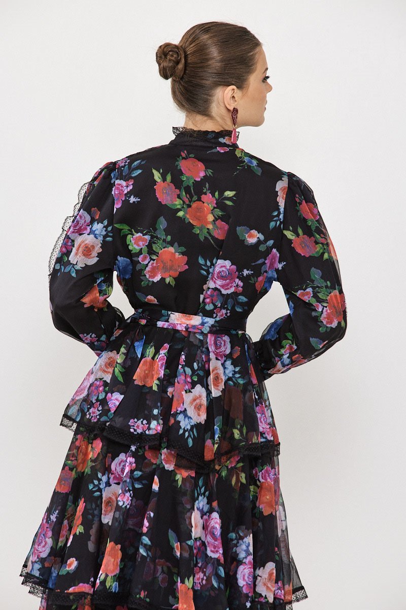 Hazel Çiçekli Katlı Şifon Maxi Elbise