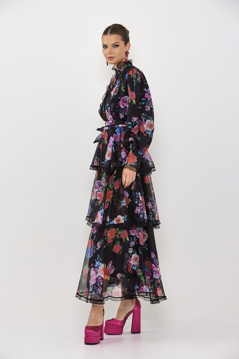 Hazel Çiçekli Katlı Şifon Maxi Elbise