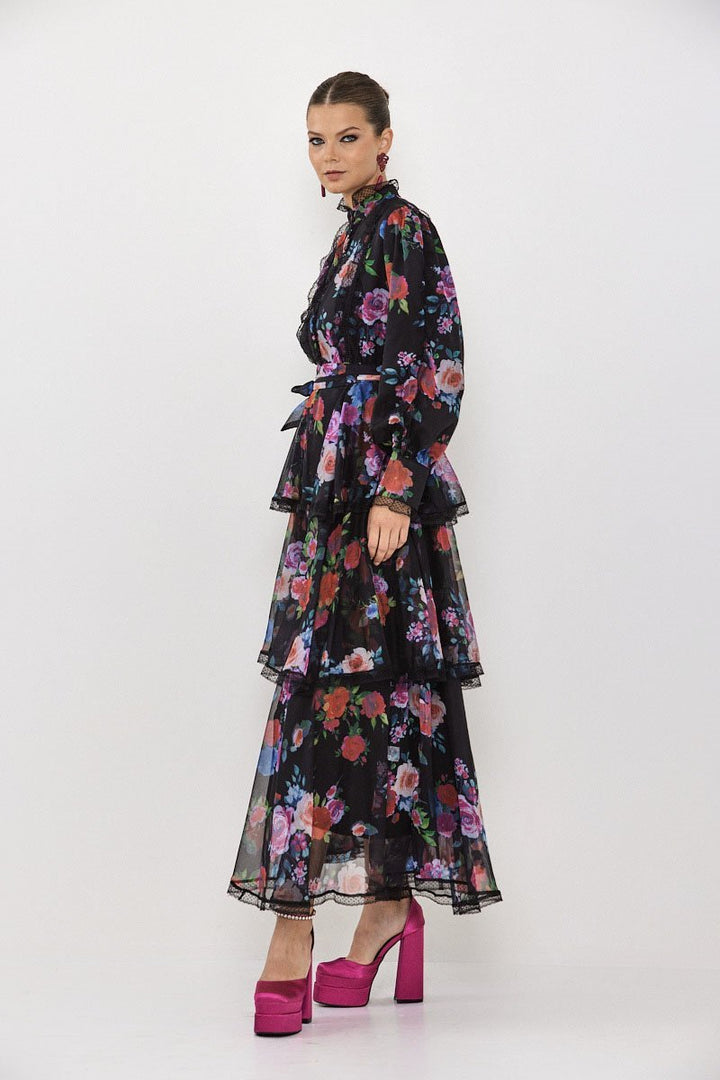 Hazel Çiçekli Katlı Şifon Maxi Elbise