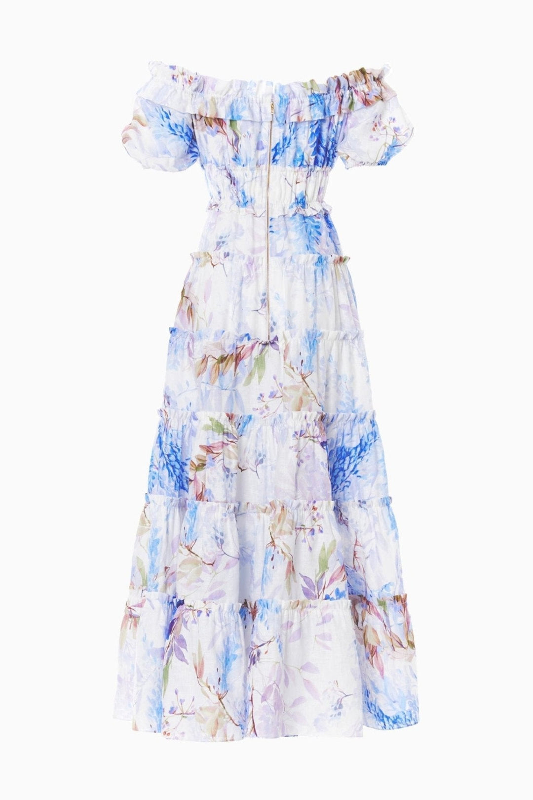 Heather Baskılı Fırfırlı Katlı Uzun Elbise