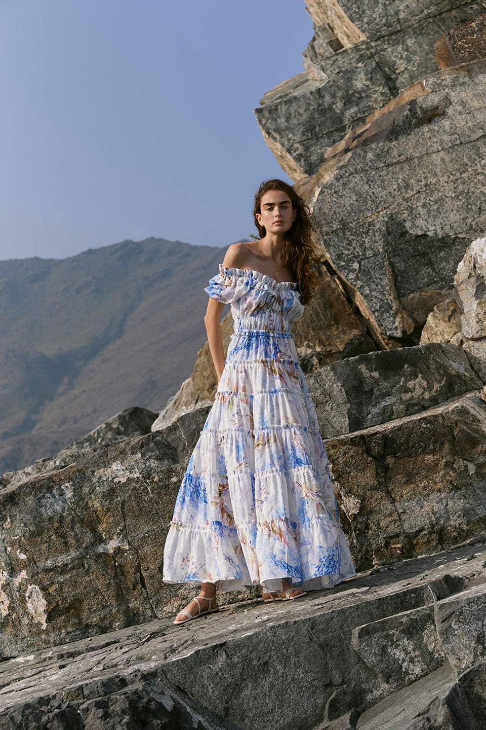 Heather Baskılı Fırfırlı Katlı Uzun Elbise