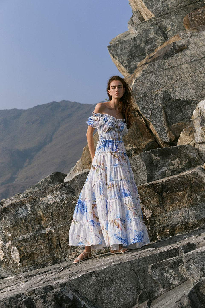 Heather Baskılı Fırfırlı Katlı Uzun Elbise