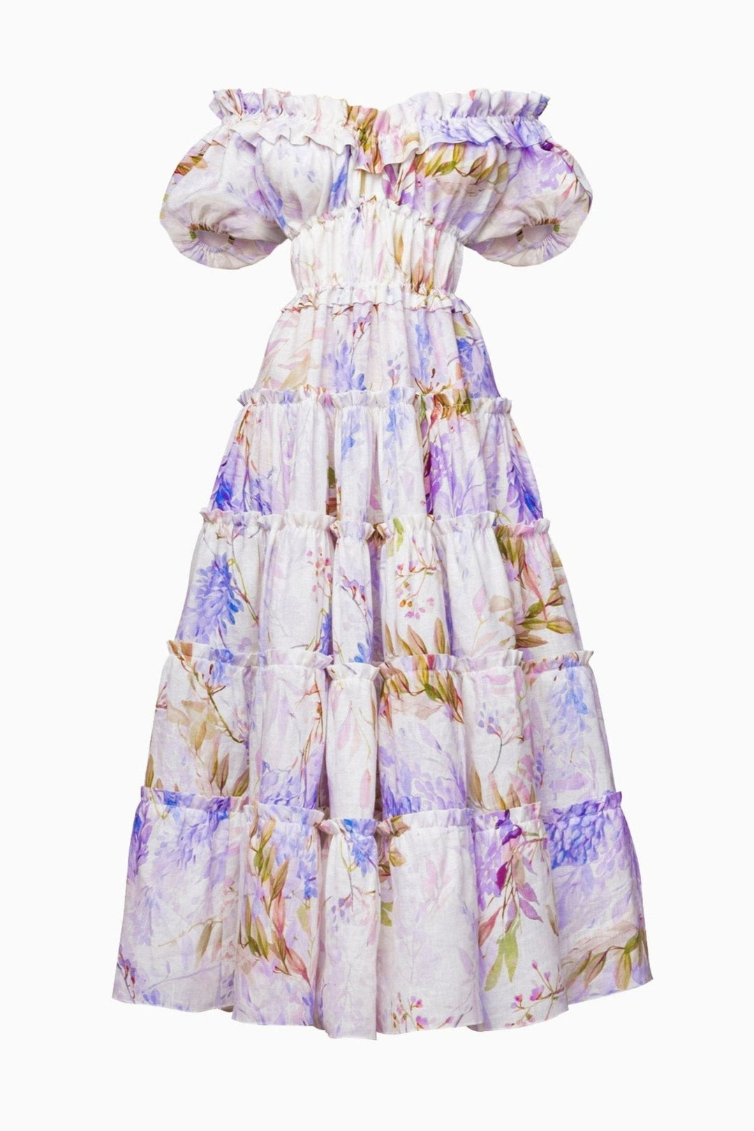 Heather Baskılı Fırfırlı Katlı Uzun Elbise