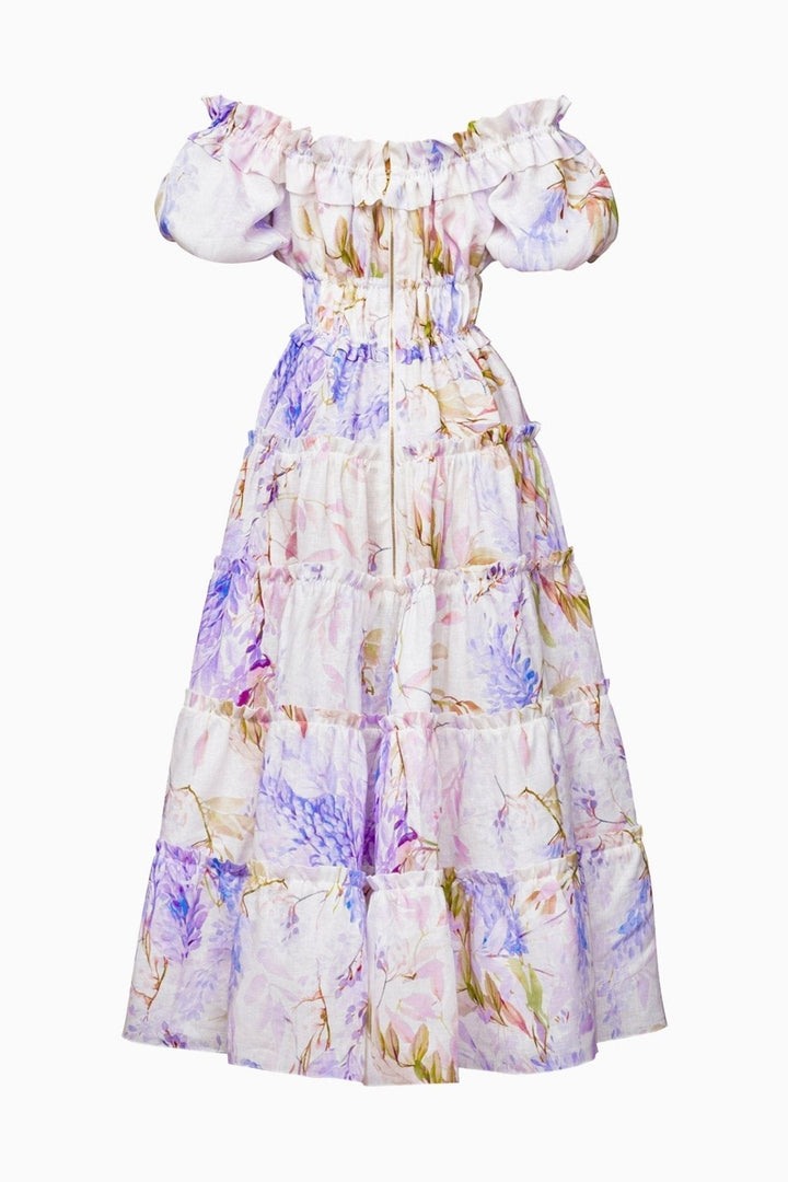 Heather Baskılı Fırfırlı Katlı Uzun Elbise