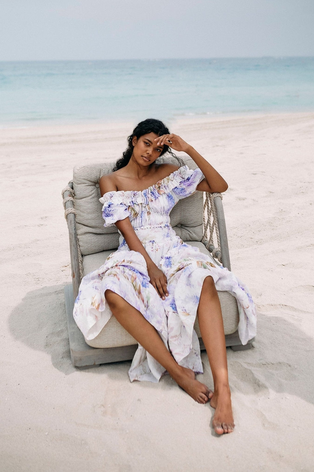 Heather Baskılı Fırfırlı Katlı Uzun Elbise