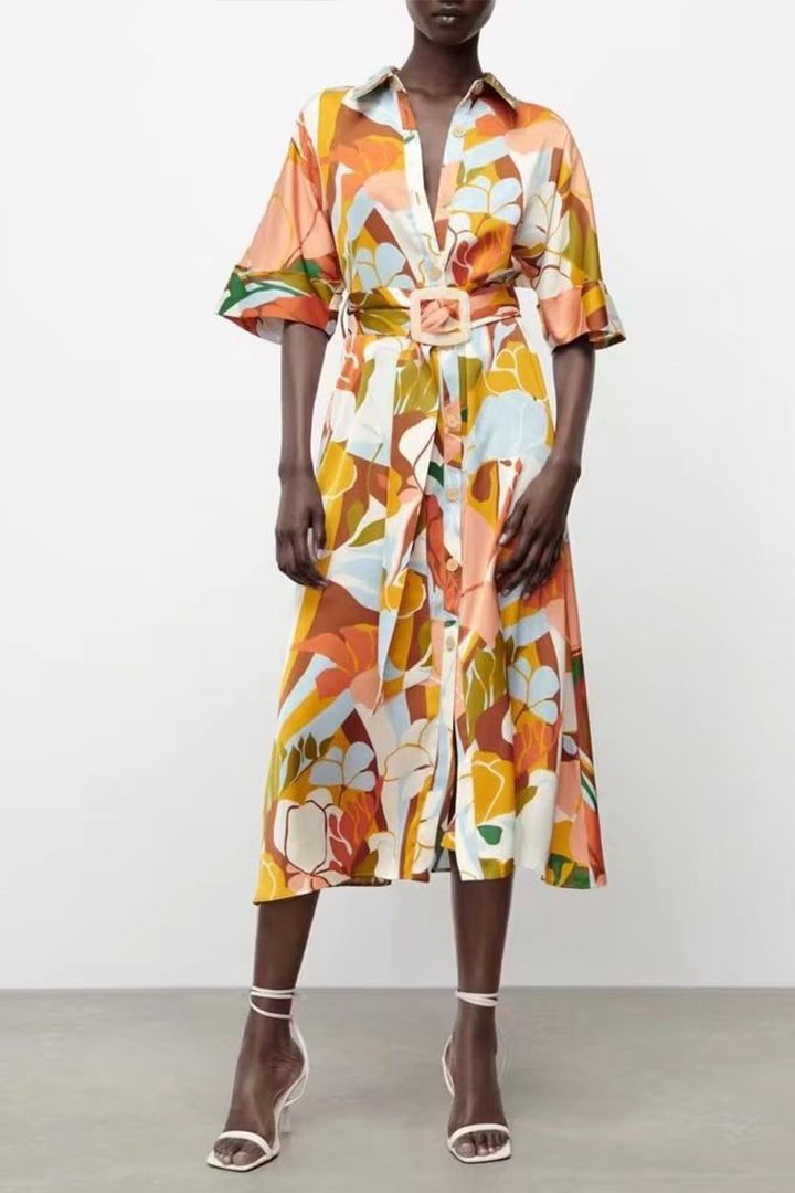 Hedwig Baskılı Kuşaklı Gömlek Elbise