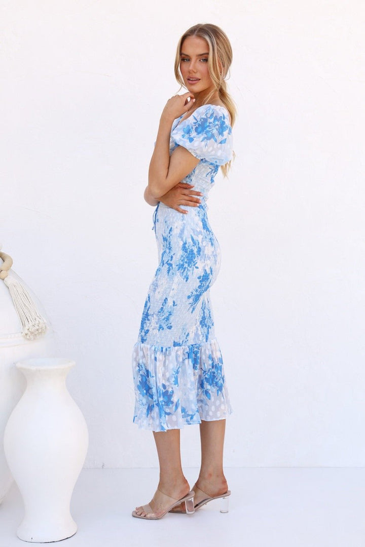 Helen Baskılı Kalp Büzgülü Midi Deniz Kızı Elbise