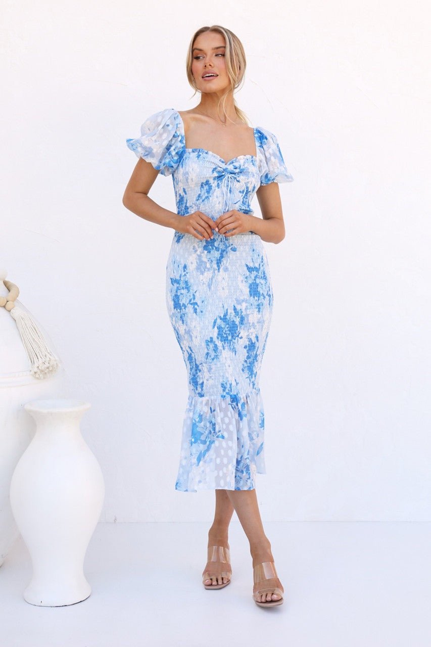 Helen Baskılı Kalp Büzgülü Midi Deniz Kızı Elbise