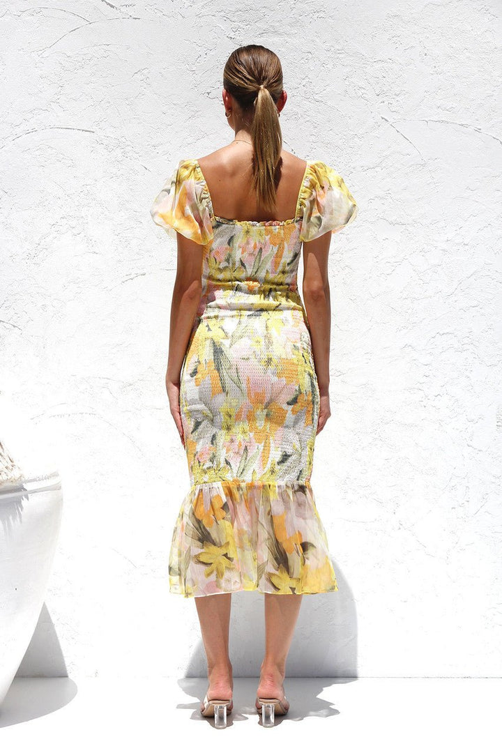 Helen Baskılı Kalp Büzgülü Midi Deniz Kızı Elbise