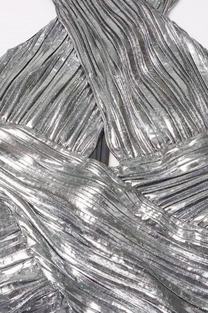 Heloise Metalik Çapraz Boyundan Bağlamalı Uzun Elbise