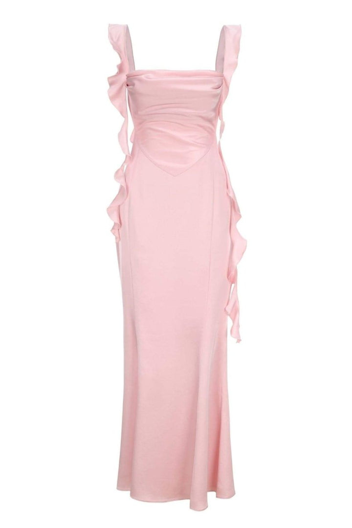 Hilda Fırfırlı Kurdeleli Sırtı Açık Uzun Elbise