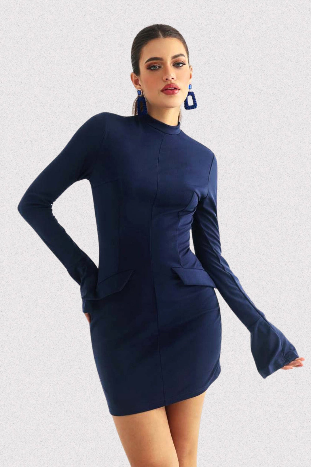 Zeytin Yarım Yaka Uzun Kol Mini Elbise