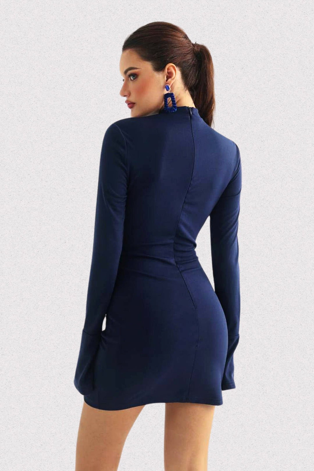 Zeytin Yarım Yaka Uzun Kol Mini Elbise