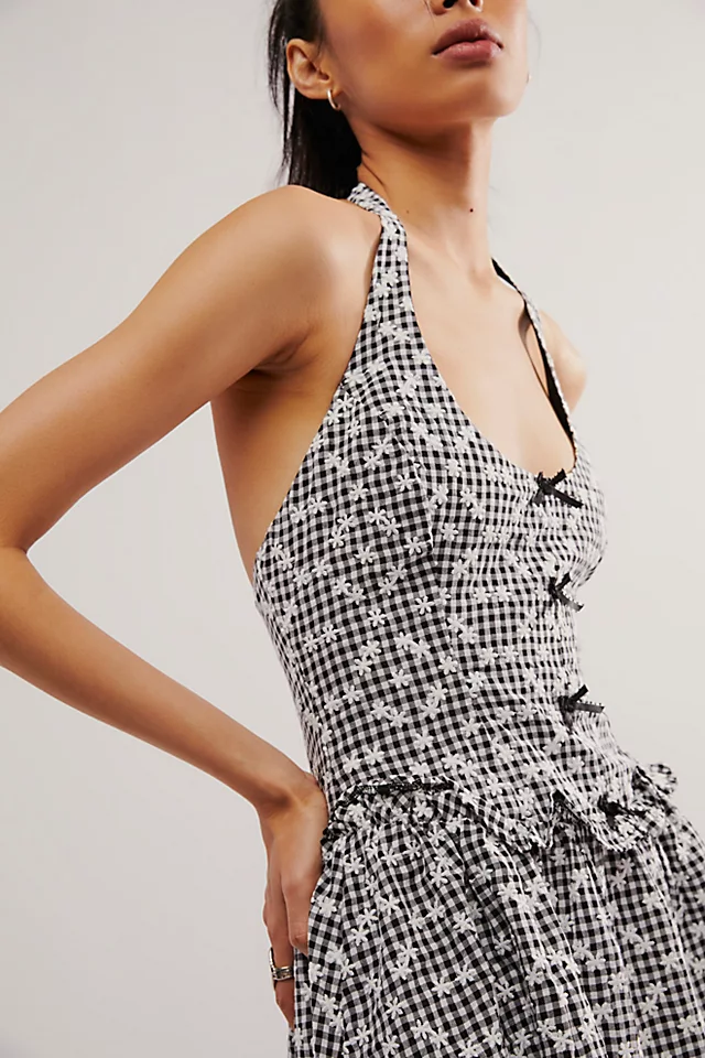 Pötikareli Boyundan Bağlamalı Mini Elbise