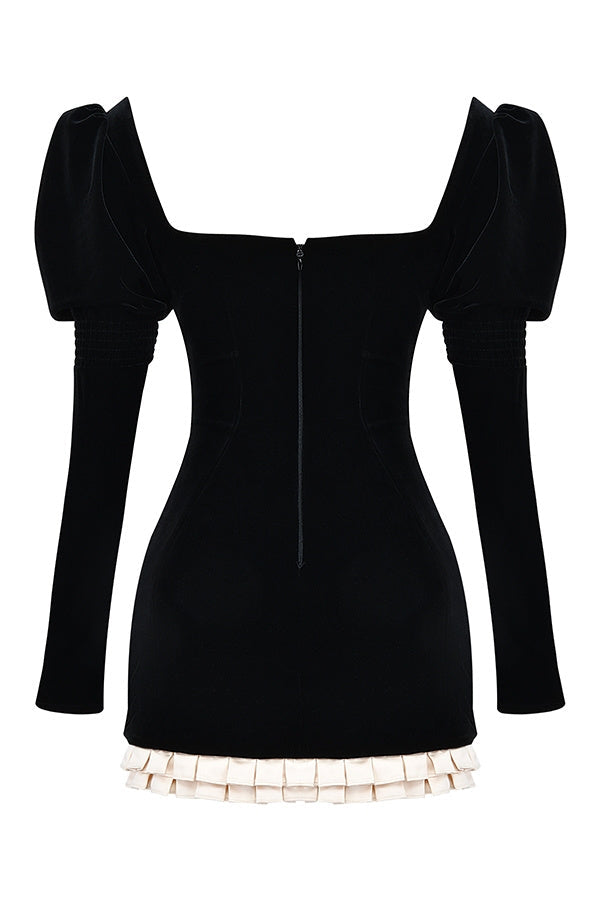 Frederica Kare Yaka Kadife Mini Elbise