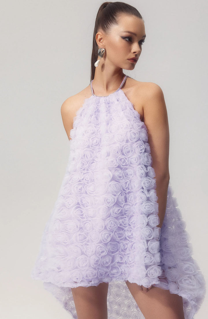 Michaelia Çiçek Aplikeli Boyundan Bağlamalı Mini File Elbise