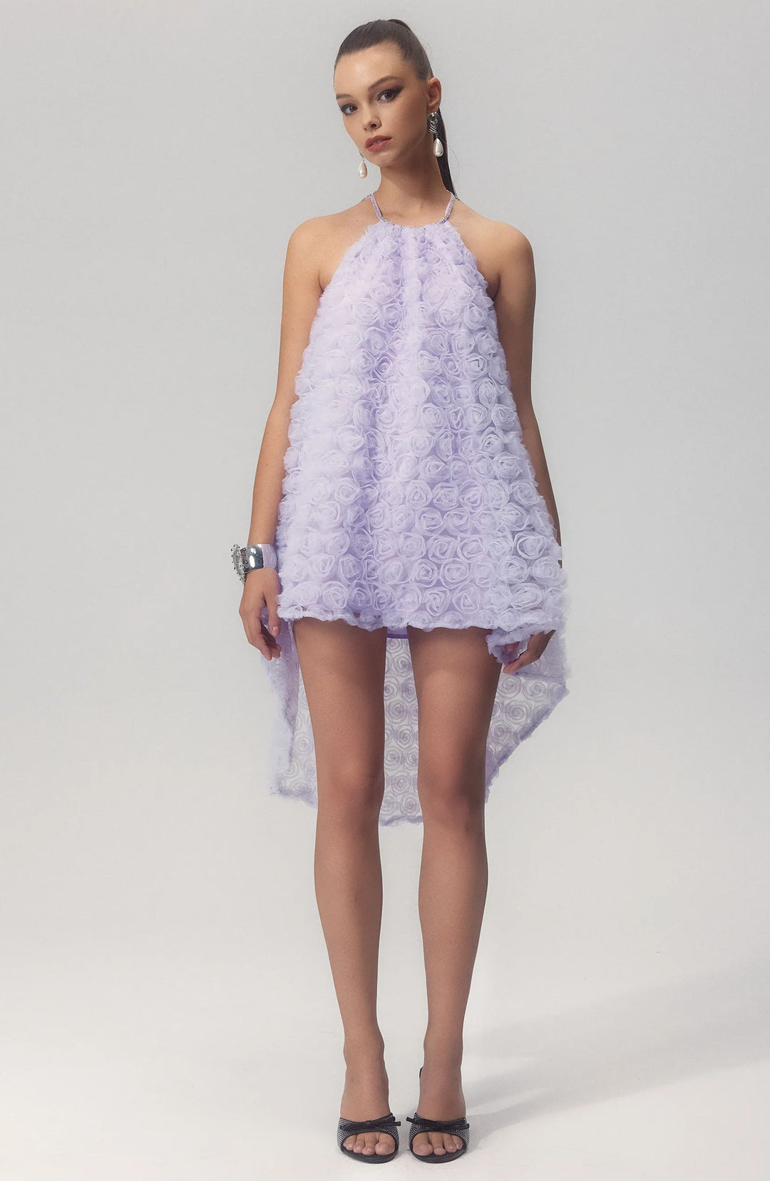 Michaelia Çiçek Aplikeli Boyundan Bağlamalı Mini File Elbise